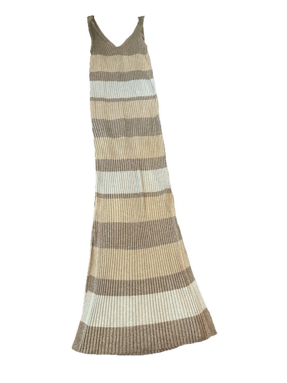 Zara Knit‎ Ribbed Striped Maxi Dress M Neutral Sleeveless Italian Yarn Bodycon